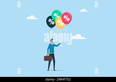 Zinsanstieg aufgrund steigender globaler Inflationsprozentsätze, FED- oder Notenbankgeldpolitik halten Geschäftsleute ein Symbol für Prozentsätze Stock Vektor