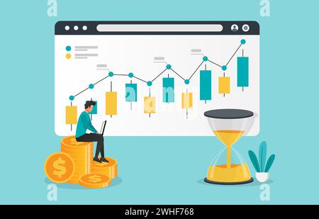 Unternehmenswachstumskonzept mit Geschäftsmann, der ein Notebook hält, um die grafische Symboldarstellung zu analysieren. Stock Vektor