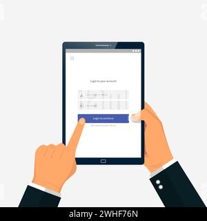 Online-Registrierung und -Anmeldung, Konzept zur Kontoauthentifizierung. Mann, der die Anmeldeschnittstelle auf dem Tablet-Bildschirm verwendet. Stock Vektor