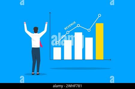Geschäftsmann, der sich einen großen Business-Chart anschaut und Freude hat. Steigern Sie Umsatz, Umsatzwachstum und Geschäftsentwicklung Stock Vektor