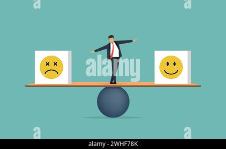 Geschäftsmann versuchen, sein Emotionskonzept, sein Gleichgewicht zwischen emotionaler Intelligenz und Gefühl der Emotionskontrolle zwischen Stress oder Traurigkeit und Freude in Einklang zu bringen Stock Vektor