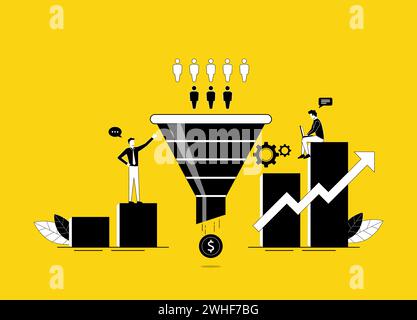 Vertriebstrichter-Konzept. Der Prozess der Kommunikation und der Gewinnung neuer Kunden und der Erzielung eines Gewinngeschäfts. Käuferumwandlung und Geldgewinngattungen Stock Vektor