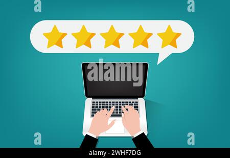 Online-Feedback-Konzept auf dem Laptop mit Sternen und Bubble-Chat-Symbol. Füllen der Umfrage für mit einem Laptop, Vektorillustration Stock Vektor