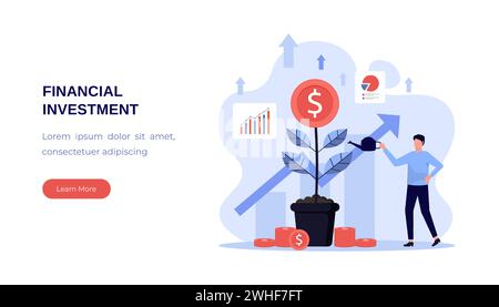 Landing Page für Finanzinvestitionen, wachsendes Investmentgeschäft mit Menschen, die die Münzpflanze auf dem Topf bewässern. Stock Vektor