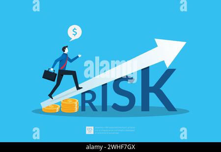 Konzept mit hohem Risiko und hoher Rendite. Selbstbewusster, intelligenter Geschäftsmann, Investor, der auf einem Aufwachsdiagramm über dem Wortrisiko steht. Stock Vektor
