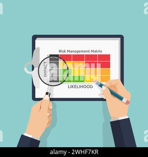 Eine Führungskraft hält Bleistift und Lupe mit Matrixformular, Bewertung des Unternehmensrisikos und Sicherheitskonzept, bewertet die Auswirkungen und die Wahrscheinlichkeit CA Stock Vektor