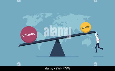 Angebot und Nachfrage mit Wippen, die eine hohe Nachfrage und ein geringes Angebot aufweisen, versuchen Geschäftsleute, es für die Welt in Gleichgewicht zu bringen oder ins Gleichgewicht zu bringen Stock Vektor