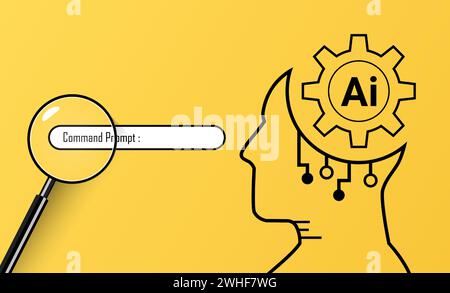 Künstliche Intelligenz virtuell über ENTER-Eingabeaufforderung für erzeugt etwas, futuristische Technologietransformation mit Vergrößerungsglas und Kopf s Stock Vektor