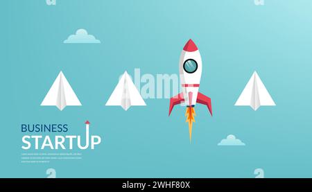 Start-up-Unternehmen, die Produkte mit Raketensymbol einführen. Erfolgreicher Start des Unternehmens. Kreative und einzigartige Geschäftsidee unter der Metapher von Papierflugzeugen Stock Vektor