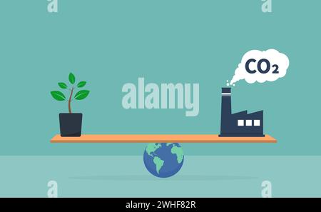 CO2-Emission und sauberes Energiekonzept, nachhaltige Ressourcen, Sorge um Umweltfragen, weltweiter Ausgleich zwischen grüner Pflanze und CO2-Ausstoß Stock Vektor