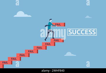 Lernen Sie, zu scheitern als Weg zur Erreichung des Zielkonzepts, verbessern Sie sich vom Versagen, Treppenaufbauten zum Erfolg, streben Sie nach, dass ein Geschäftsmann mit seinem Versagen Treppenaufgänge zum Erfolg baut Stock Vektor