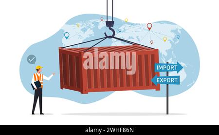 Foreman mit Frachtschiff für Industriecontainer. Import-, Export- und Logistikkonzept, Arbeiterkontrolle, Verladung von Containern, Fracht für international Stock Vektor