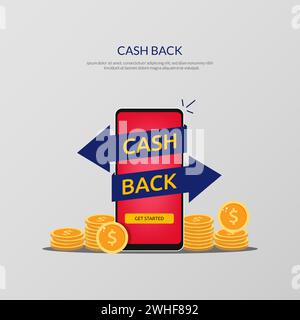 Cash-Back-Konzept oder Geldrückerstattung. Stapeln Sie Münzen und Knopf Starten Sie die Cash-Back-Vektor-Illustration. Stock Vektor