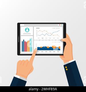 Web-Analyse-Informationen auf dem Tablet-Bildschirm von Hand gehalten. Konzept für Trenddiagramme. Statistikdiagramme für Planung und Buchhaltung, Analyse, Audit, mA Stock Vektor