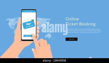 Ticket online mit Smartphone kaufen. Vorlage zur Konzeptabbildung der Flugbuchung. Stock Vektor