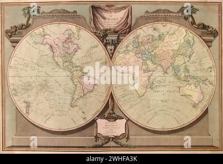 Vintage-Karte der Welt mit zwei Hemisphären ca. 1808 Stockfoto