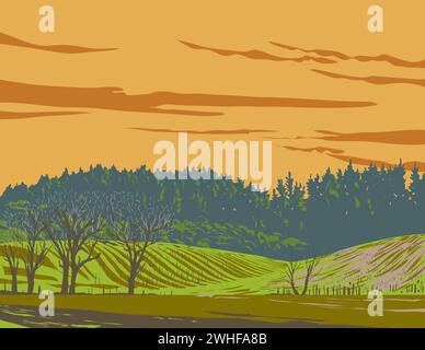 WPA-Plakatkunst der Weinberge in der Weinregion Napa Valley nördlich von San Francisco, Kalifornien, USA, in Works-Projekt Stockfoto