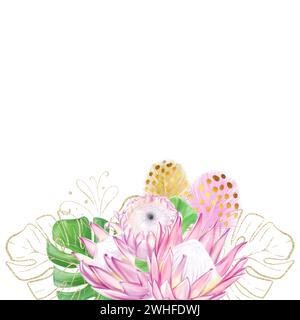 Banner mit tropischem Blumenstrauß aus rosafarbenen Protea-Blumen und Monsterablättern mit Golddekor. Exotisches Design. Stockfoto