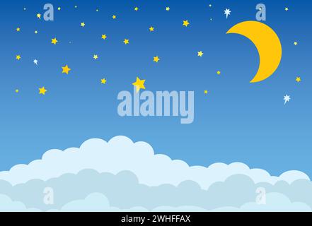 Blaue Wolken mit blauem Himmel und Sterne mit gelbem Mond Stock Vektor