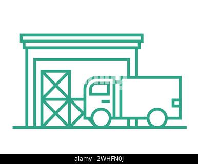 Kleines Lager mit Kisten und LKW. Kontursymbol isoliert auf weißem Hintergrund. Teil der Lieferkette. Vektorabbildung. Stock Vektor