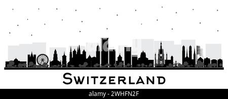 Silhouette der Skyline der Schweiz mit schwarzen Gebäuden isoliert auf weiß. Vektorabbildung. Moderne und historische Architektur. Stock Vektor