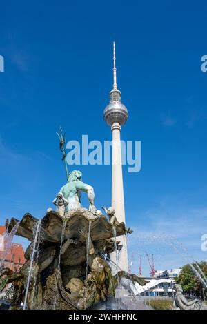 Der Fernsehturm und ein Teil des Neptunbrunnens am Alexanderplatz in Berlin Stockfoto