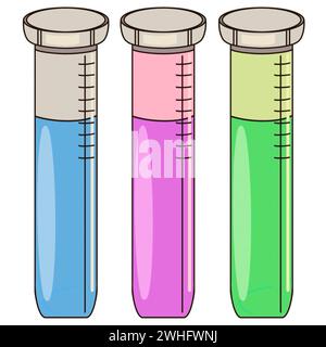 Röhrchen mit Flüssigchemiker-Illustration auf weißem Hintergrund, handgezeichnet in Nahaufnahme Stockfoto