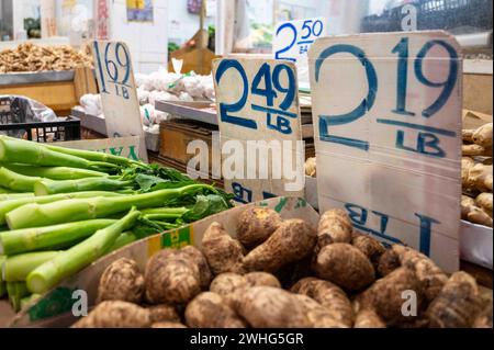 Asiatischer Gemüsemarkt Chinatown NYC Taro Wurzel chinesischer Brokkoli Stockfoto