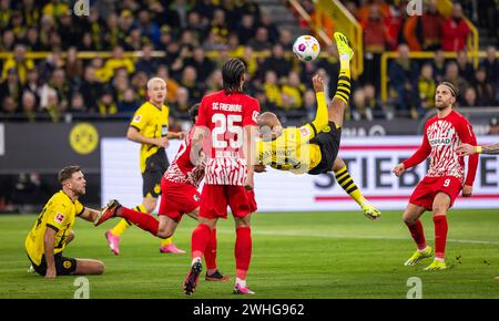 Dortmund, Deutschland. Februar 2024. Fallrückzieher Donyell Malen (BVB) Borussia Dortmund - SC Freiburg 09.02.2024 Copyright (nur für journalistische Stockfoto