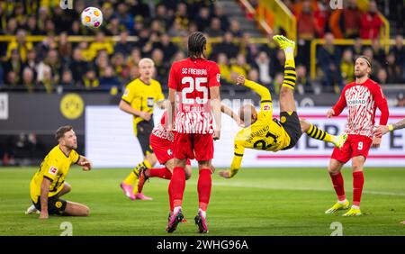 Dortmund, Deutschland. Februar 2024. Fallrückzieher Donyell Malen (BVB) Borussia Dortmund - SC Freiburg 09.02.2024 Copyright (nur für journalistische Stockfoto