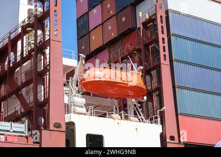 Rettungsboot zwischen Containerstapel auf einem großen Frachtschiff, Frachttransport über internationale Gewässer, Sicherheit auf See Stockfoto