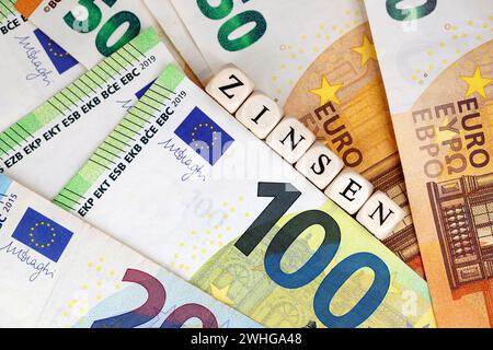 Draufsicht auf das deutsche Wort für Zinssätze, geschrieben mit hölzernen Buchstabenwürfeln auf verschiedenen Euro-Banknoten Stockfoto