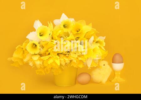 Symbole von Ostern und Frühling mit Narzissen Blumen, Babyspielzeug Küken und frischen Eiern mit niedlichem Eierbecher auf gelbem Hintergrund. Blumendesign. Stockfoto