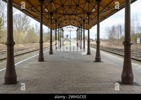 Überdachter Bahnsteig mit alten Säulen, Metallgerüst und Holzdach zwischen den Bahngleisen am Bahnhof Schönberg Stockfoto