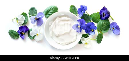 Lila blaue und weiße violette Blüten (Bratsche) um eine Schüssel mit natürlicher kosmetischer Salbe isoliert auf weißem Hintergrund, Panorama Stockfoto
