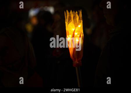 Handgefertigte Fackel aus transparentem Papier und Feenlichtern auf einer traditionellen Lichterprozession am St. martin-Tag bei Nacht in Ger Stockfoto