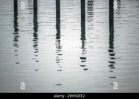 Schwarze Anlegestapel oder Delfine mit Reflexion im Wasser in einem leeren Yachthafen an der Ostsee an einem grauen Novembertag, Stockfoto