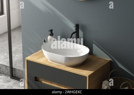 3D-Rendering Nahperspektive leerer Raum auf Keramik-Kosmetiktisch im Badezimmer mit weißem Keramikwaschbecken aus Porzellan mit Wasserhahn, Stockfoto