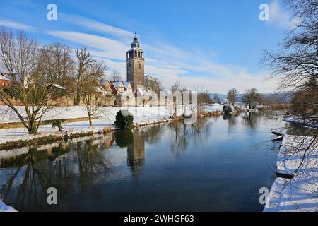 Bad Sooden-Allendorf Themenfoto: Deutschland, Stadt, Bad Sooden-Allendorf, Hessen, 07.02.2024 Kirche St. Crucis und Stadtmauer Allendorf am Flusslauf der Werra Themenfoto: Deutschland, Stadt, Bad Sooden-Allendorf, Hessen, 07.02.2024 *** Bad Sooden Allendorf Themenfoto Deutschland, Stadt, Bad Sooden Allendorf, Hessen, 07 02 2024 St. Crucis Kirche und Allendorf Stadtmauer auf dem Werra Themenfoto Deutschland, Stadt, Bad Sooden Allendorf, Hessen, 07 02 2024 Copyright: xAugstx/xEibner-Pressefotox EP jat Stockfoto
