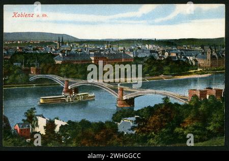 Europa, Deutschland, Rheinland-Pfalz, Koblenz, Blick über die Stadt, Farbpostkarte, herausgegeben vom Verlag Victor Ullmann, Koblenz , verschickt am 13. 08. 1928 . Rechte werden nicht vertreten . / Europa, Deutschland, Rheinland-Pfalz, Konstanz, Blick über die Stadt, Farbpostkarte, Verlag Victor Ullmann, Koblenz, geschickt 13. 08. 1928 . Es gibt keine Rechte . Stockfoto