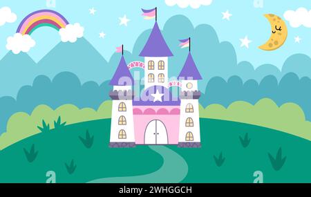 Vektor horizontaler Hintergrund mit Einhornschloss, Feld, Wolken, Sterne, Regenbogen. Fantasy-Welt-Szene mit Palast, Türmen, Mond. Märchenhafte Landschaft für Stock Vektor