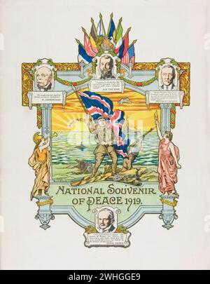 „New Zealand National Souvenir of Peace 1919“-Cover des Souvenirbuches, das vom Wellington Peace Celebrations Committee am 8. Juli 1919 veröffentlicht wurde und ein Beispiel für unmittelbare Propaganda nach dem Ersten Weltkrieg ist. Das Bild zeigt einen Soldaten, der eine Union Jack Flagge von der Küste schwenkt, mit dem Meer hinter ihm und einer aufgehenden Sonne mit „Frieden“ darüber. Die alliierten Fahnen schmücken das Oberteil. Die weiblichen Figuren von Victory und Liberty flankieren das Bild. Die vier wichtigsten Führer, mit Zitaten, umgeben das Bild: M. Clemenceau, M. der König, Präsident Wilson und Lloyd George. Stockfoto
