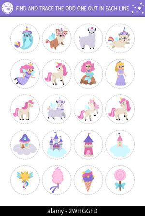 Finden Sie den seltsamen heraus. Einhorn logische Aktivität für Kinder. Lerntabelle für Fantasy- oder Magic-World-Übungen für Aufmerksamkeitsfähigkeiten. Druckbares Märchen g Stock Vektor