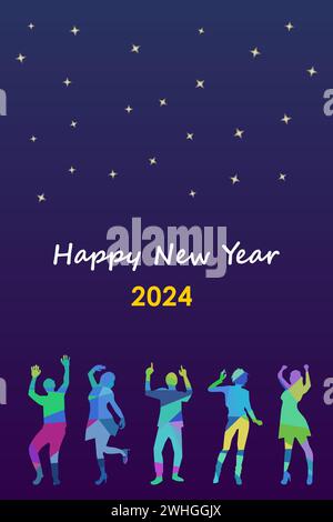 Fröhliche Feier zum neuen Jahr 2024 mit tanzendem Mann und Frau im dunklen Hintergrund. Posterdesign. Vektorabbildung. Stock Vektor