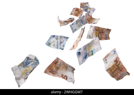 Fünfundzwanzig Papierscheine in Euro-Währung fliegen herunter, Geldkonzept für Glücksfinanzierung, Geschäftserfolg, Investitionen oder Stockfoto