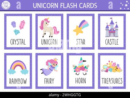 Vektor-Einhorn-Flash-Karten mit Fee, Schloss, Regenbogen. Märchenhaftes englisches Sprachspiel mit niedlichen Charakteren für Kinder. Zauberkarten oder Fantasy-Karten Stock Vektor