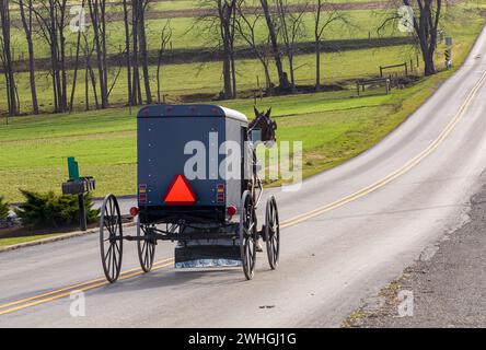 Blick auf ein Amish-Pferd und Buggy, das an einem Dezembertag auf einer Landstraße einen Hügel hinunter fährt Stockfoto