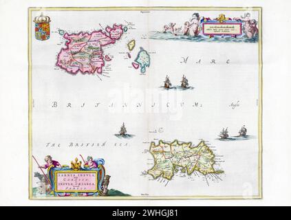 Historische Karte von Guernsey und Jersey, Kanalinseln, Ärmelkanal, Willem und Johannes Joan Blaeu, CA 1665 Stockfoto