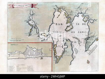 Karte von Joan Blaeu, die die Bucht von Allerheiligen vor der Küste Brasiliens zeigt. An der Bucht befindet sich die Stadt Salvador. Willem und Johannes Joan Blaeu, 1664 *** Karte von Joan Blaeu zeigt die Bucht der Allerheiligen vor der Küste Brasiliens an der Bucht befindet sich die Stadt Salvador Willem und Johannes Joan Blaeu, 1664 Stockfoto