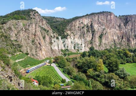 Der Rotenfels mit einem Alstom Coradia LINT Regionalbahn Regionalzug der vlexx in Traisen, Deutschland Traisen, Deutschland - 23. August 2023: Der Rotenfels mit einem Alstom Coradia LINT Regionalbahn Regionalzug der vlexx in Traisen, Deutschland. *** Die Rotenfels mit einem Regionalzug Alstom Coradia LINT von vlexx in Traisen, Deutschland 23. August 2023 die Rotenfels mit einem Regionalzug Alstom Coradia LINT von vlexx in Traisen, Deutschland Stockfoto